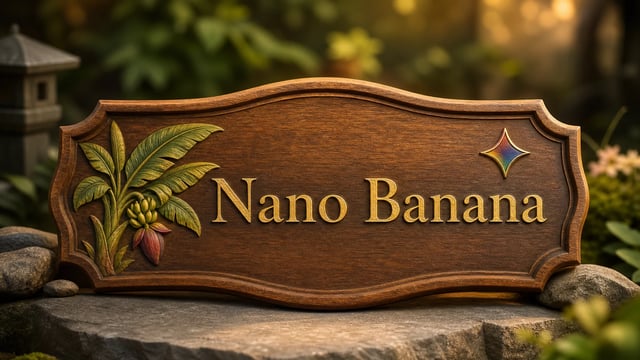 Nano Banana engraved on a carved wooden sign with a banana plant and the Gemini emblem