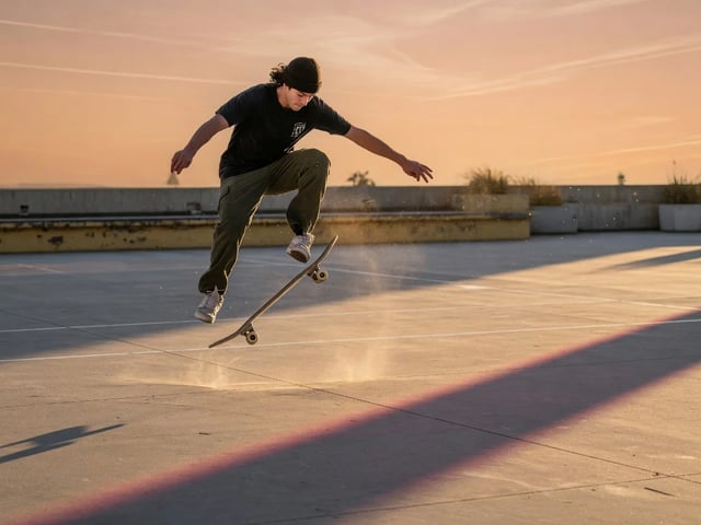 Clipe curto de ação cronometrada no Gemini Omni Flash: skatista no meio de um ollie no golden hour