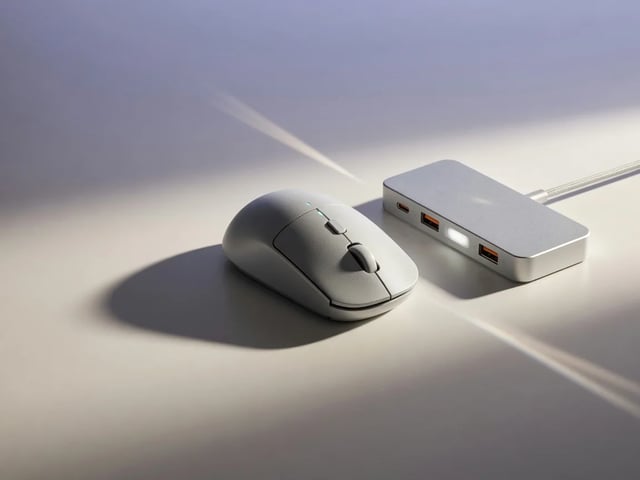 Imagem para vídeo no Gemini Omni Flash: still de mouse prata e dock empurrado para o movimento