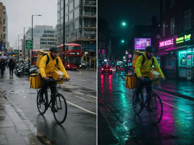Reestilo de vídeo no Gemini Omni Flash: mesmo take de entregador dia vs. visual neon-noir noturno
