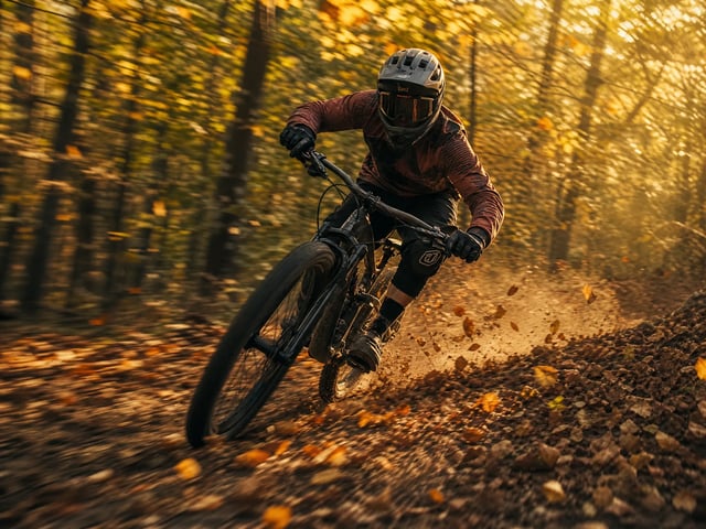 Mountain biker carving an autumn forest trail with motion blur