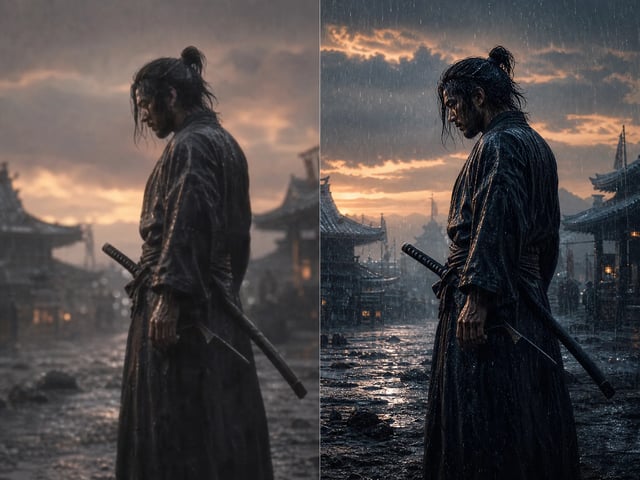 A draft versus a refined render of a samurai in the rain, side by side