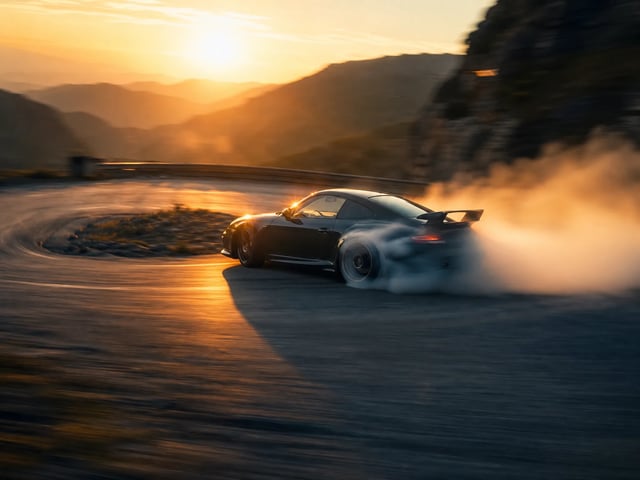 Sports car drifting a mountain hairpin at golden hour