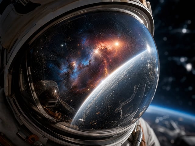 Razor-sharp 4K cinematic close-up of an astronaut helmet reflecting a nebula