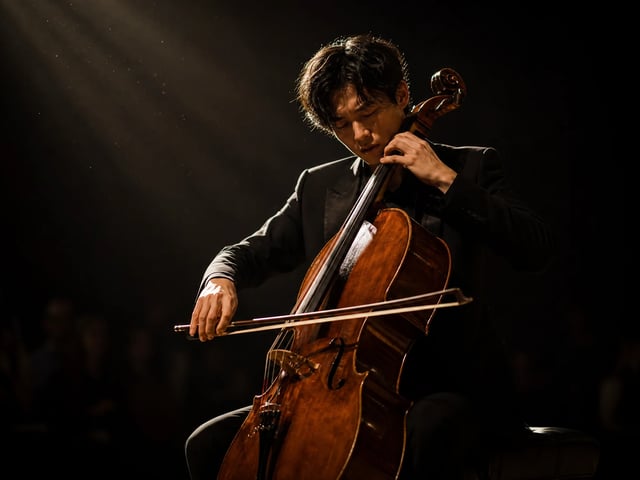 Cinematic still of a cellist performing under a single spotlight