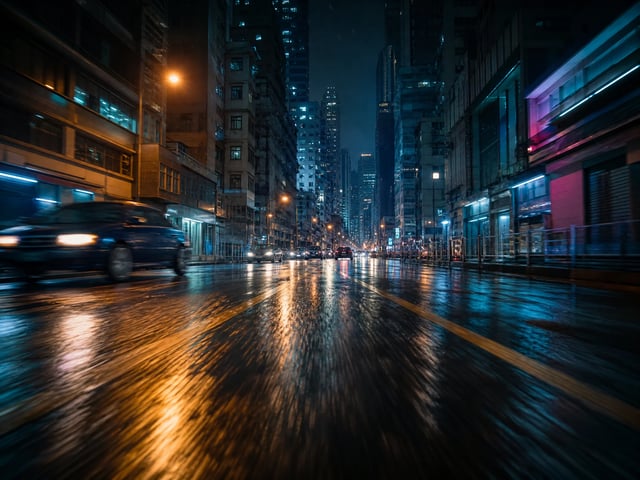 Cinematic low-angle dolly shot down a neon rain-slicked street