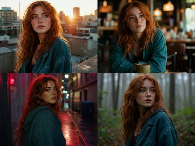 The same character kept consistent across four different cinematic scenes