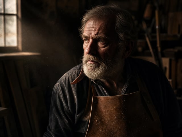 Rembrandt-lit portrait of a craftsman in a dim workshop