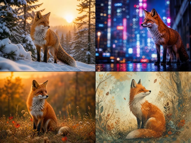 One red fox rendered four different ways across scenes and styles