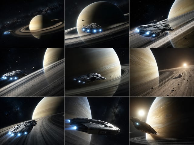 Storyboard grid of many short cinematic frames of a spaceship and a ringed planet