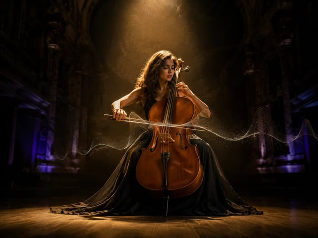 Cellista sob luz quente com movimento e ambiente visíveis