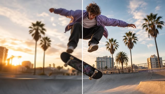 Same skateboard video frame shown pixelated on the left and sharp on the right