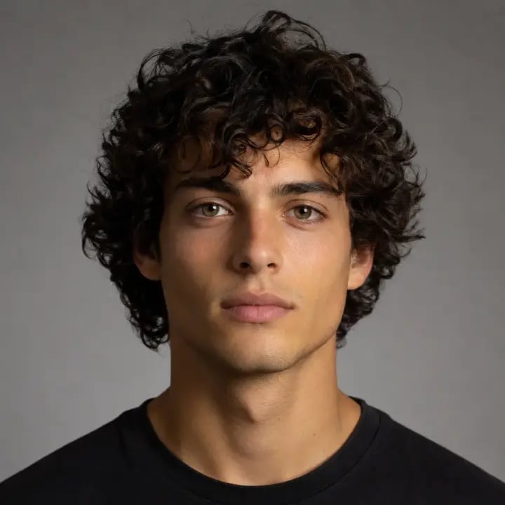 Man with curly hair before buzz cut filter