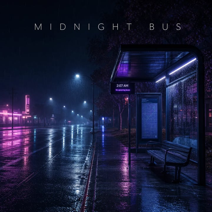 Square album cover for Midnight Bus: neon bus stop at 2am with rain