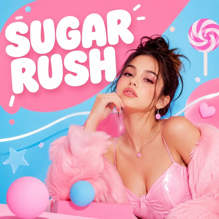Square pop single cover with fashion portrait and SUGAR RUSH title