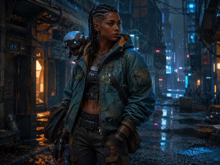 Sci-Fi-Kurier-Originalfigur mit Jacke und Nachtstadt-Hintergrund