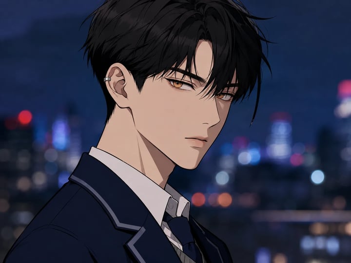 Stilisierte Webtoon-Originalfigur mit Schuluniform und scharfen Augen