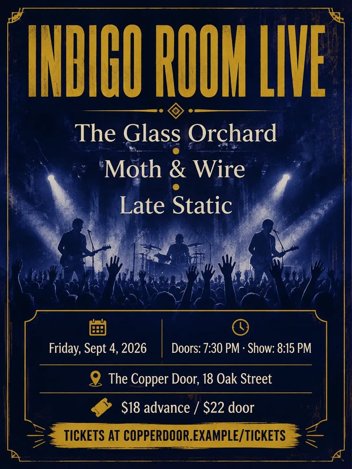 Concert flyer for Indigo Room Live with three bands and ticket prices
