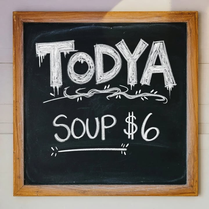 Cardápio de lousa com TODYA errado e SOUP $6 desatualizado