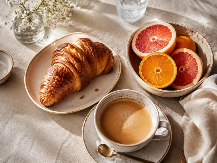 Flatlay de brunch com croissant e café