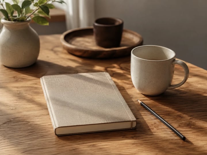 Mesa de carvalho com caderno e xícara