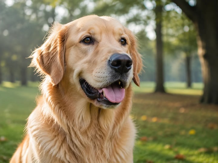 Retrato fotorrealista de golden retriever em luz suave de parque