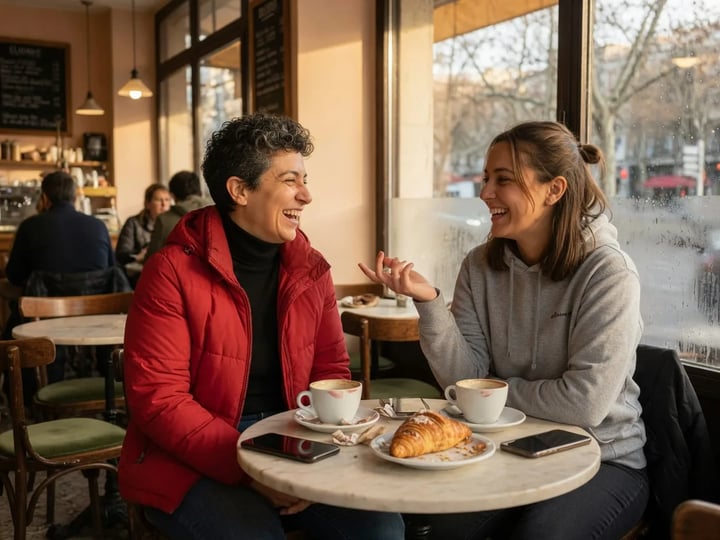 Dois amigos num café, o da esquerda de jaqueta vermelha
