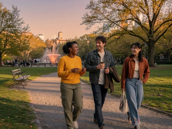 Três amigos caminhando juntos num parque no golden hour