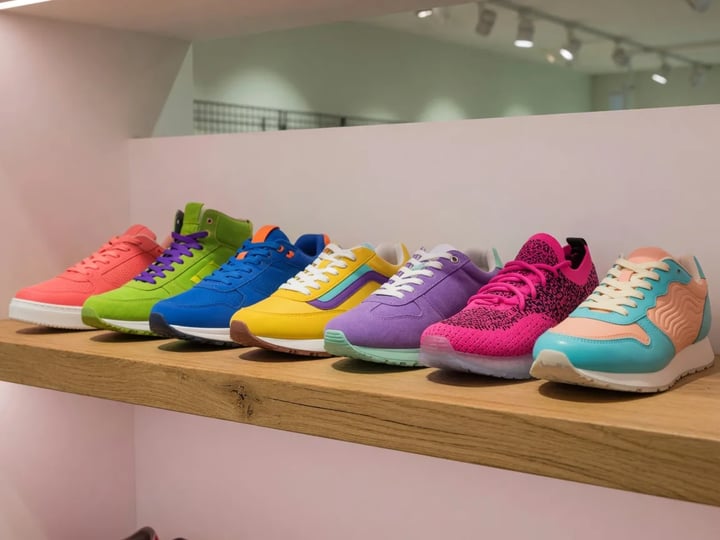 Fila de tênis coloridos em prateleira de madeira