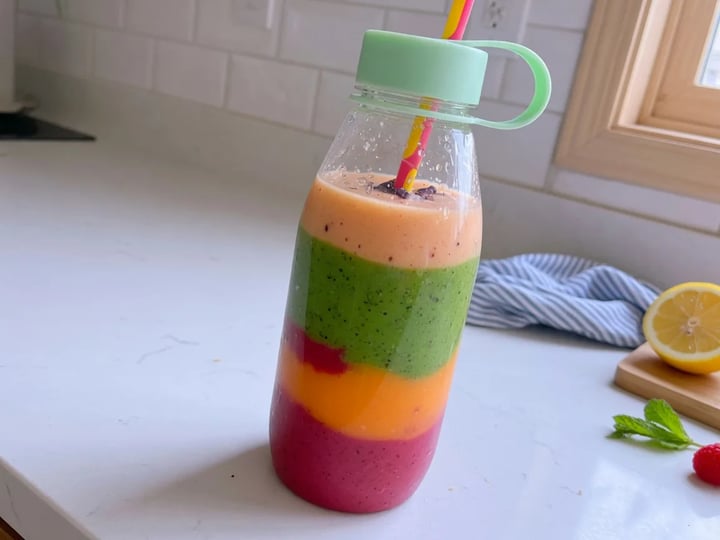 Garrafa colorida de smoothie em camadas no balcão da cozinha