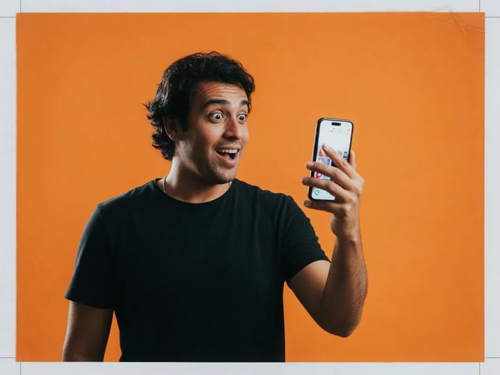 Criador reagindo em fundo laranja sólido com um celular