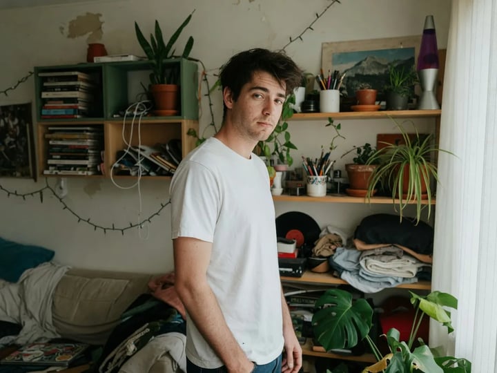 Homem de camisa branca em um quarto confuso