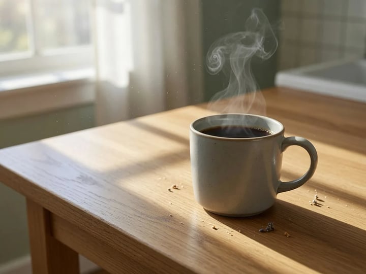 Caneca de café cerâmica com vapor em mesa de carvalho iluminada pelo sol