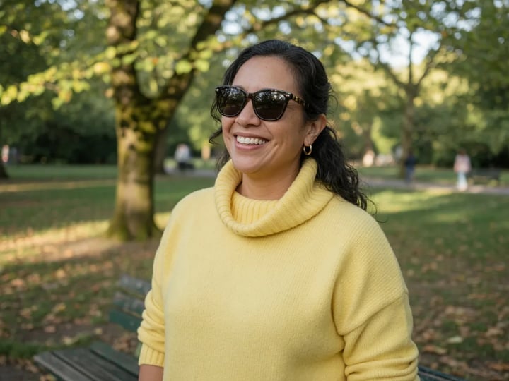 Mulher de suéter amarelo e óculos de sol em um parque