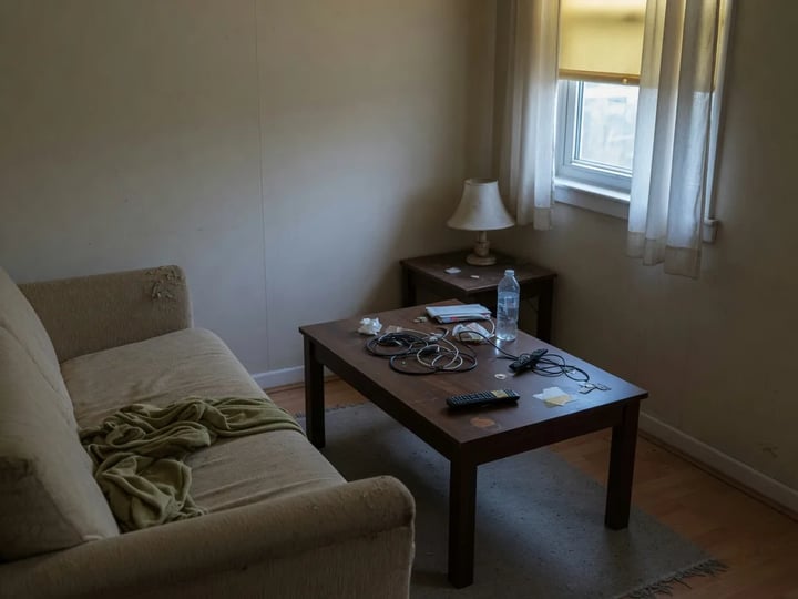 Canto de sala escura com mesa confusa