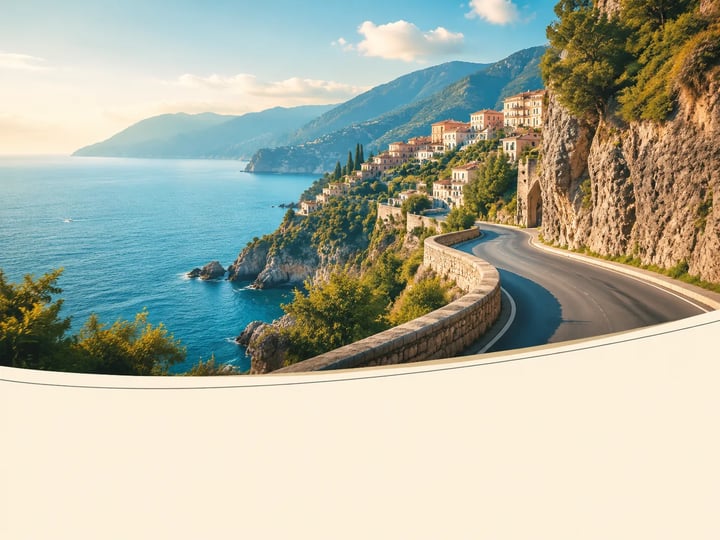Layout de poster de viagem com foto de estrada costeira e faixa de tipo vazia