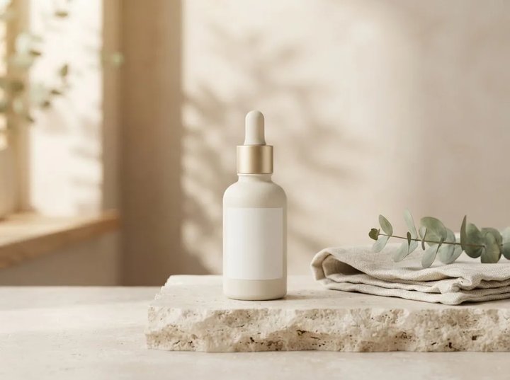 暖色窗光下，石质台面上的磨砂护肤精华瓶
