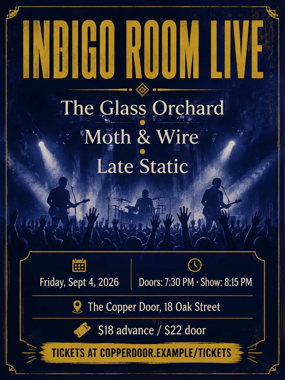 Indigo Room Live music night flyer with lineup, doors time, venue, and ticket prices