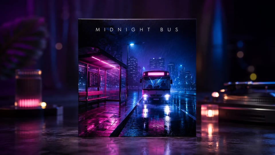 Square synthwave album cover with neon bus stop and MIDNIGHT BUS title, shown as finished streaming art