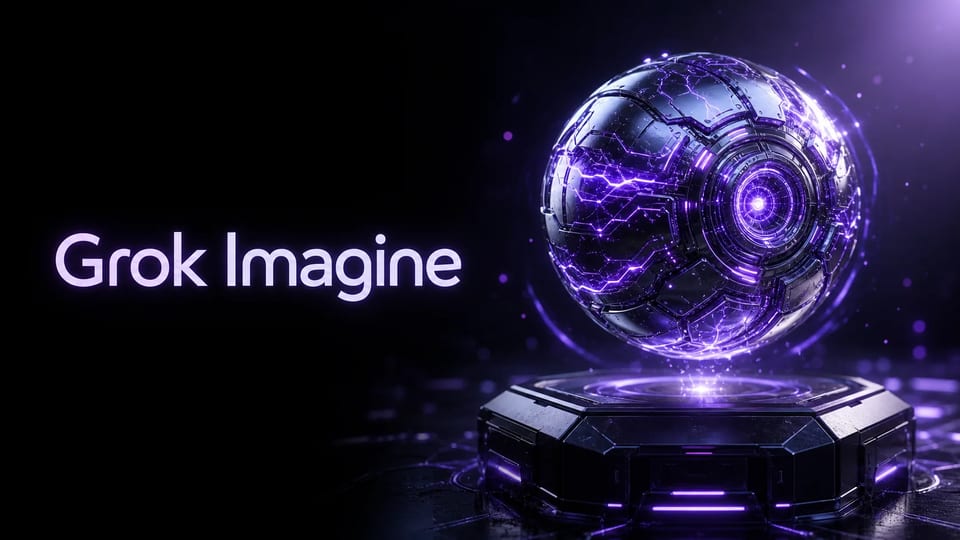 Hero de produto Grok Imagine — esfera neural-core roxa com tipografia lavanda