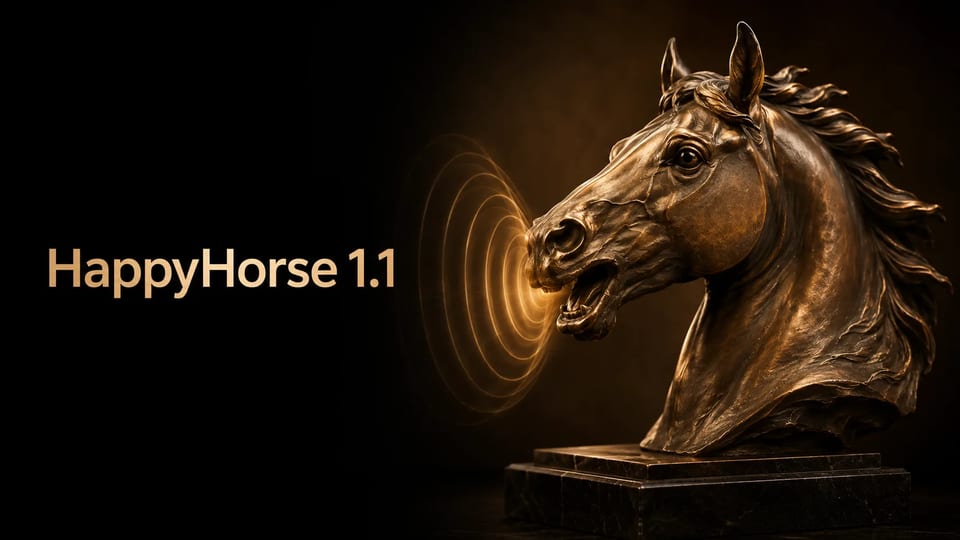 Hero de produto HappyHorse 1.1 — cabeça de cavalo bronze com ondas sonoras âmbar e tipografia creme