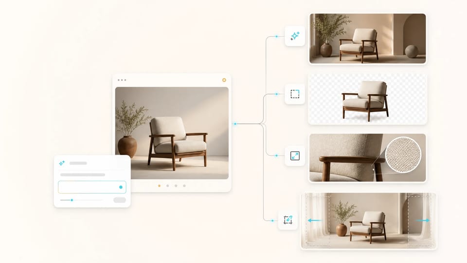 Fluxo de ferramentas de imagem com IA ligando geração, remoção de fundo, ampliação e extensão de imagem em um só espaço de trabalho