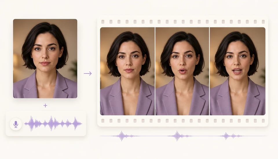 Retrato e forma de onda de fala gerando três quadros de vídeo falante sincronizados