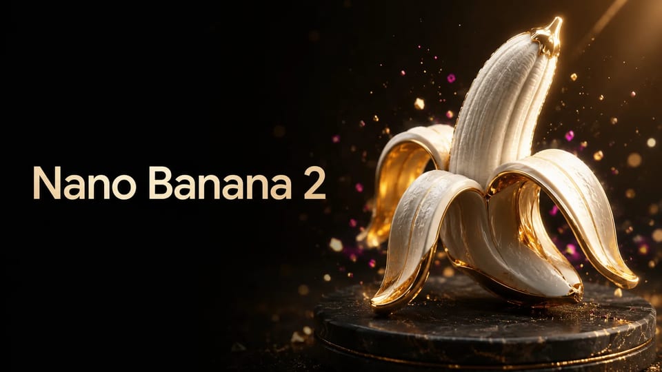 Hero de produto Nano Banana 2 — escultura de banana em porcelana e ouro com tipografia creme suave