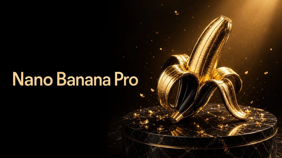 Hero de produto Nano Banana Pro — escultura de banana em ouro líquido com tipografia creme