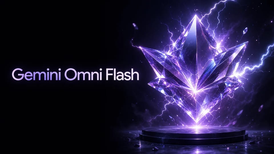 Hero de produto Gemini Omni Flash — prisma cristal de flash violeta com tipografia lavanda