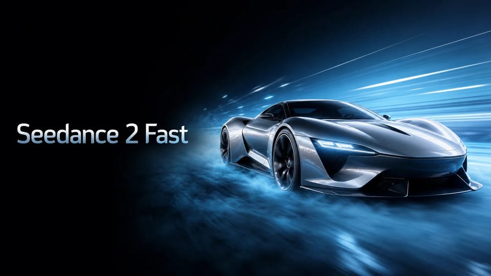 Hero de produto Seedance 2 Fast — carro esporte conceito prata com tipografia fria