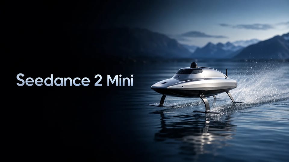 Hero de produto Seedance 2 Mini — craft hydrofoil prata compacto com tipografia fria