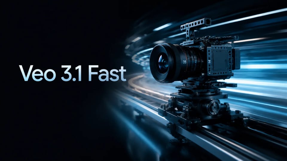 Hero de produto Veo 3.1 Fast — câmera cinema em trilho de motion com tipografia fria