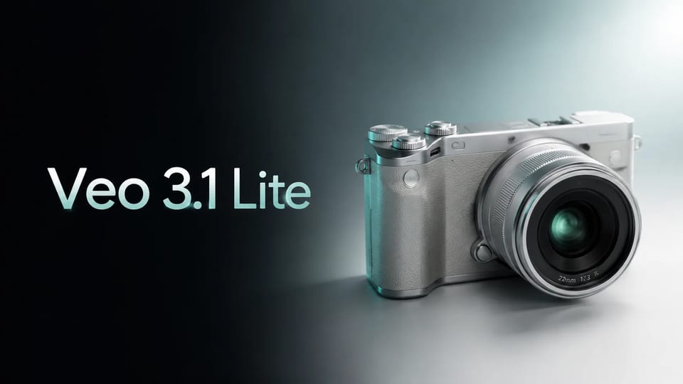 Veo 3.1 Lite Produkt-Hero — kompakte silberne Mirrorless-Kamera mit kühler Mint-Typografie